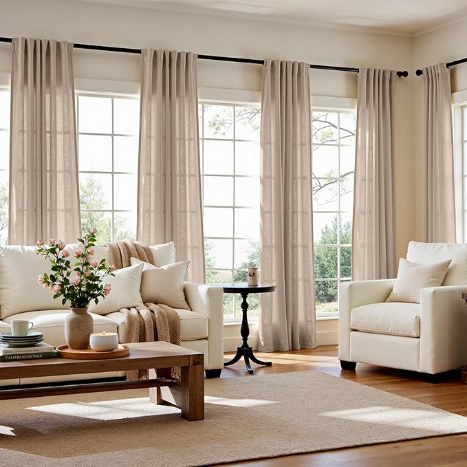 jinchan Taupe Linen Blend Curtains 90 inch Length 2 Panels for Bedroom Living Room, Light Filtering 50 inch Wide Farmhouse Drapes with Rod Pocket Back Tab(50W x 90L, Taupe)