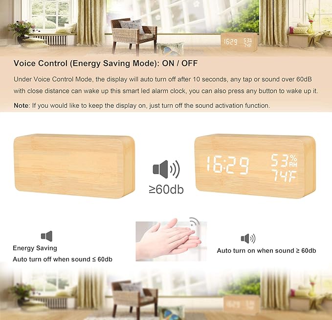 Alarm Clock Wooden Digital Clock Modern Decorative Electronic LED Desk Clock Display Time Date Temperature Humidity 3 Alarms Brightness Adjustable for Home Office Bedroom(Beige,White)
