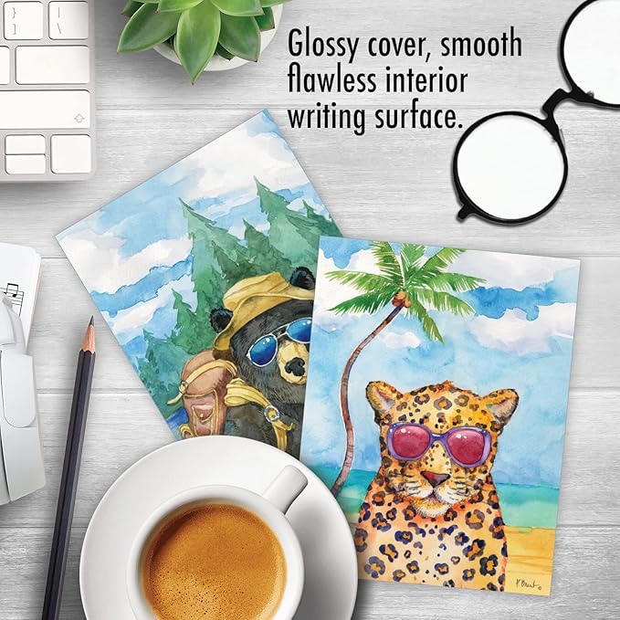The Best Card Company Assorted Funny Wildlife Watercolor Blank Greeting Card Box Set - Incl. 10 Unique Notecards Designs + Envelopes for Thank You, Invitations - Animal's Day Off AM6670OCB-B1x10