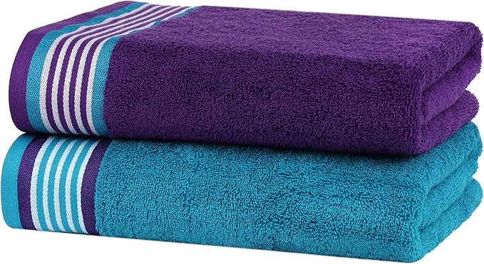 CASA COPENHAGEN He & She 4Pcs 100% Egyptian Cotton Large Designer Towels Gift Set- Violet - Turquoise, 550 GSM, 55"x27", 4Bath Towels for Bathroom (Box Pack, Set for Women & Men)