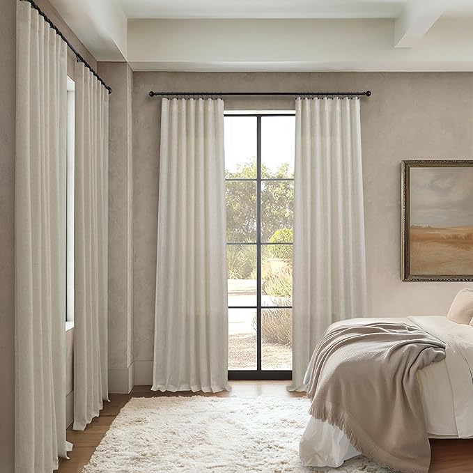 Pitalk Beige Sheer Curtains 80 Inch Length for Living Room 2 Panel Back Tab Rod Pocket Neutral Rustic Modern Farmhouse Semi Privacy Flax Linen Drape Pleated Curtain for Bedroom Wide 52x80 Long Curtain
