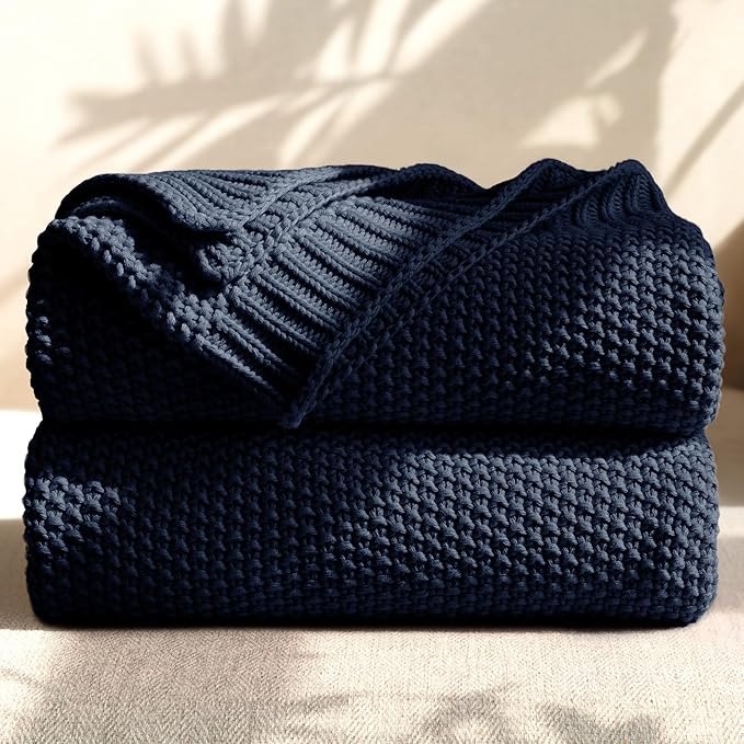 100% Cotton Cable Knit Throw Blanket, Large Lightweight Soft Knit Blanket for Sofa Couch Bed, Breathable All-Season Throw, Cozy Decorative Blanket, 60 x 80 Inch,Navy