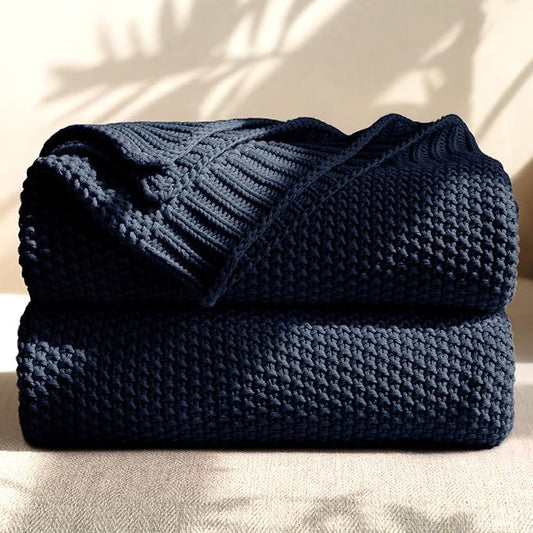100% Cotton Cable Knit Throw Blanket, Lightweight Soft Knit Blanket for Sofa Couch Bed, Breathable All-Season Throw, Cozy Decorative Blanket, 50 x 60 Inch,Navy