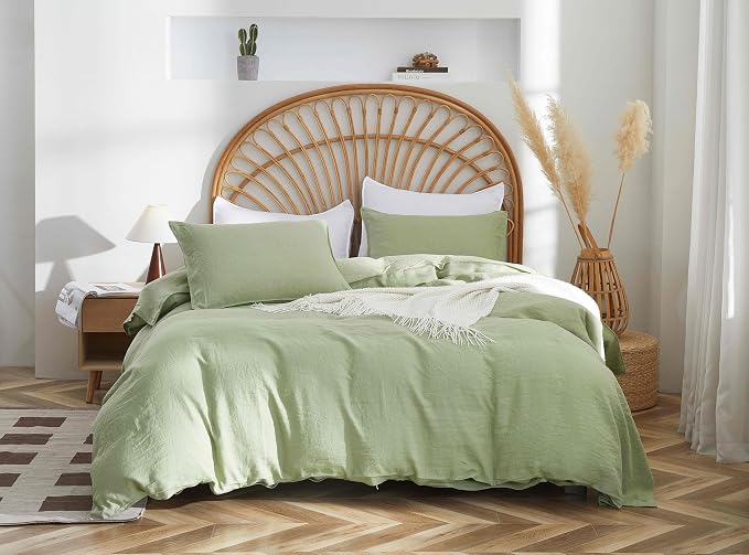 100% French Flax Linen Duvet Cover Set, King Size 104''x90'' 3 Pcs with 8 Corner Ties and Button Closure, Soft and Breathable for All Season(Green, King)