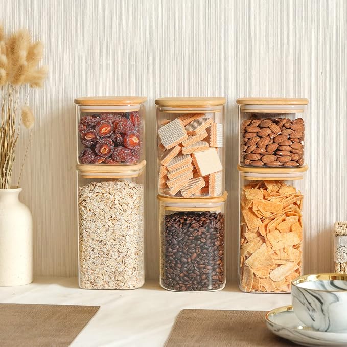 ComSaf Airtight Glass Storage Canister with Bamboo Lid (22oz/37oz/50oz) Set of 6, 31oz Glass Jars with Bamboo Lids & Spoons Set of 4, Pantry Storage Jar for Flour Cereal Sugar Tea Coffee Beans Snacks