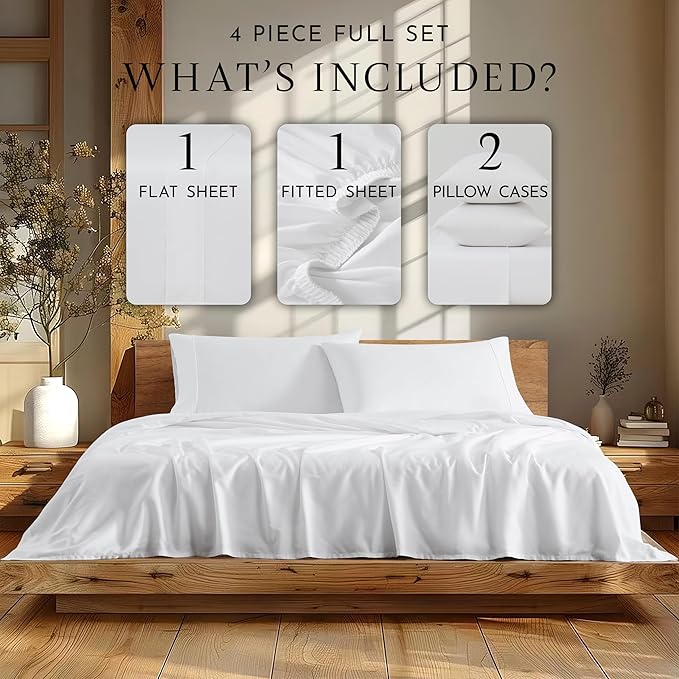 Linen Closet 4Pc 100% Organic Cotton Full Size Sheets Set, White, 300 Thread Count, Naturally Derived EarthColors, Deep Pocket Fitted Sheet (Up to 18"), Soft Bed Sheets Set, Juego De Sábanas Full