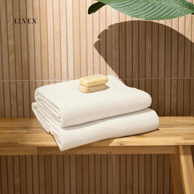 100% Organic Cotton Bath Towel Set of 2 | Luxury 650 GSM Beach & Spa Towels | Soft Large Quick Dry Towel for Bathroom | Waffle Terry Weave | White 35x60