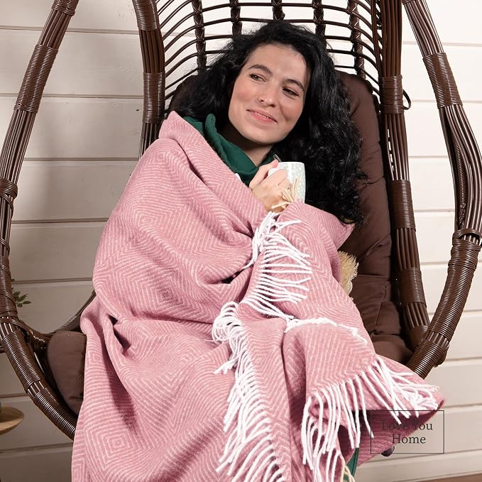 LYHome Merino Wool Blanket - Warm Throw for Cold Weather, Warmest Travel Outdoor Camping Blankets, Picnic Army and Military Throws, Comforter Soft & Cozy (55" x 79" Pink with White Rhombus)