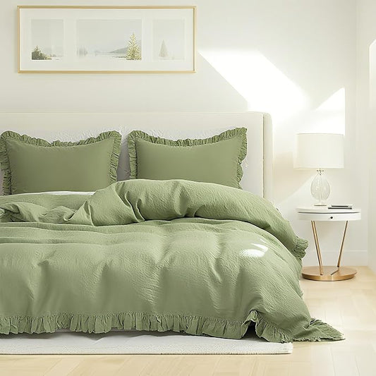 Simple&Opulence 100% Linen Duvet Cover Set, 3 PCS Natural French Flax Sage Green Ruffle Duvet Cover Full Size, Breathable Comfy Linen Bedding Comforter Cover with 2 Pillowcases (Sage Green, 78" X 86")