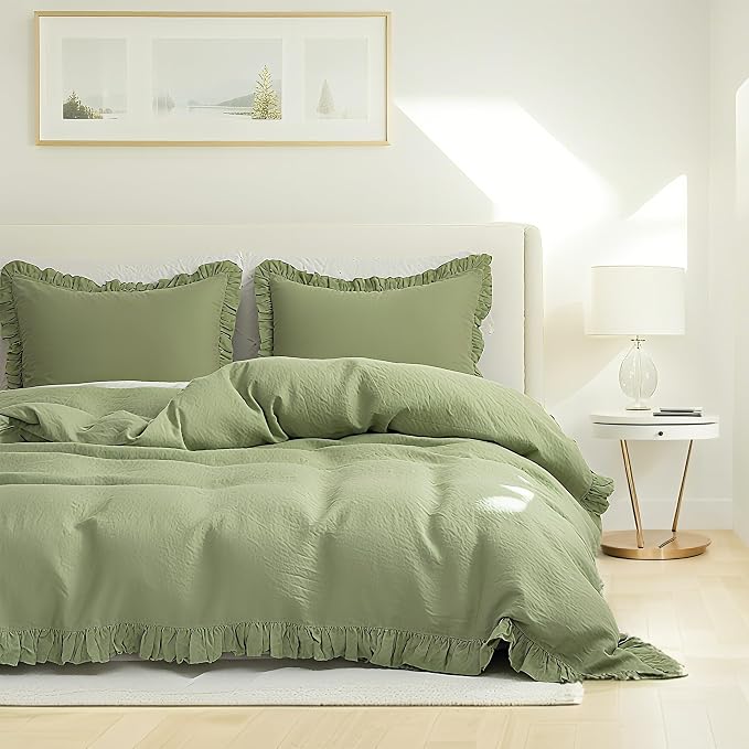 Simple&Opulence 100% Linen Duvet Cover Set, Natural French Flax Sage Green Ruffle Duvet Cover Twin Size, Breathable Comfy Linen Bedding Comforter Cover with 1 Pillowcase (Sage Green, 68" x 86")