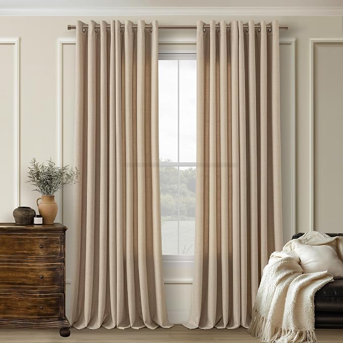 Tan Brown Semi Sheer Long Curtain 108 Inches Dark Flax Linen Drapes for Large Window Bedroom Country Rustic Bohemian Casual Vintage Grommet High Ceiling Living Room Curtain Panel 108 Inch Length 9ft