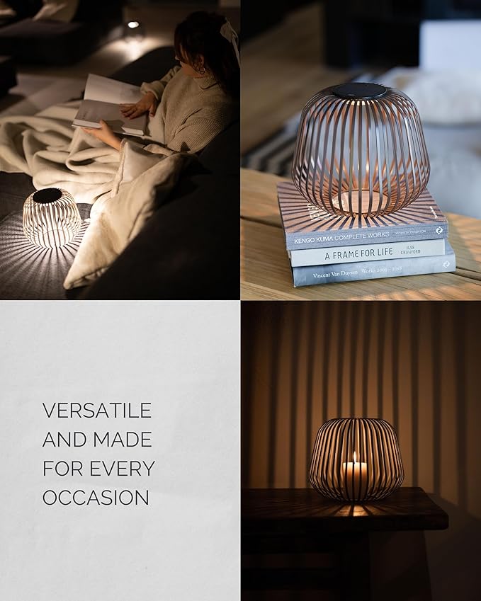 LUUK Studio Solis Wireless Solar LED Ambient Table Light, Warm White, 3 Dimmable Levels, Indoor & Outdoor, Solar & USB-C Rechargeable, Living Room, Bedside, Organic Contemporary, Walnut Brown, Size M