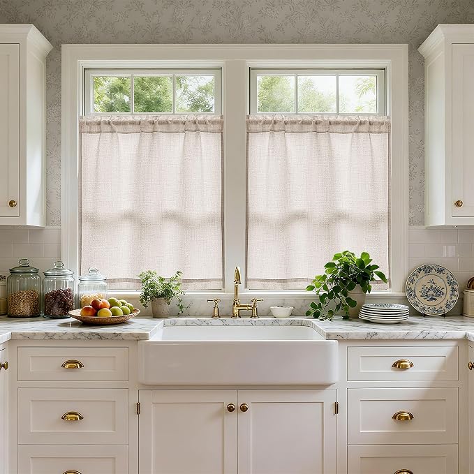 48 Inch Linen Small Window Curtains 2 Panels for Bedroom Bathroom Rod Pocket Privacy Semi Sheer Light Filtering Window Treatments Light Coffee Tan Beige Farmhouse Rustic Door Curtain W34xL48