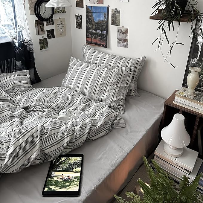 mixinni Vintage Gray & White Striped Duvet Cover Set - 3 Piece 100% Washed Cotton Full Size Bedding | Minimalist Gender-Neutral Design | Ultra-Soft Breathable, with Zipper Closure & Corner Ties