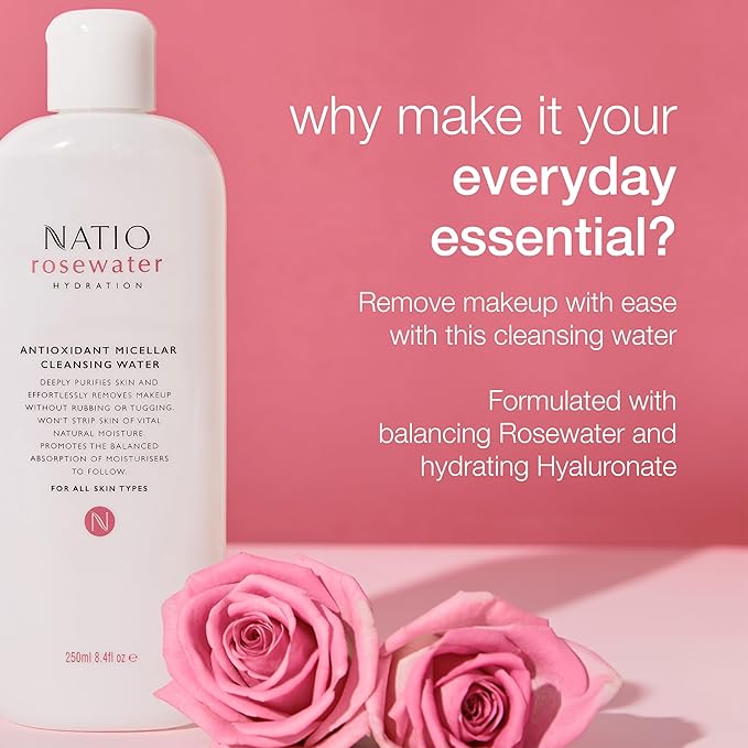Natio Australia Rosewater Hydration Antioxidant Micellar Cleansing Water, 8.4 oz - Makeup Remover Face Cleanser - Facial Cleanser for All Skin Types