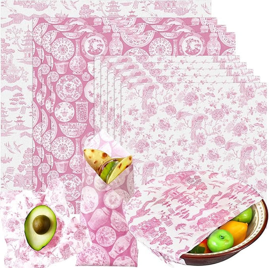 Tigeen 9 Pack Reusable Beeswax Wrap for Food Chinoiserie Beeswax Paper for Sourdough Bread Cheese Paper Wrapping Wax Cloth Food Wraps Bread Sandwich Wrapper 1 XL 3 Medium 5 S(Pink,Chinoiserie)