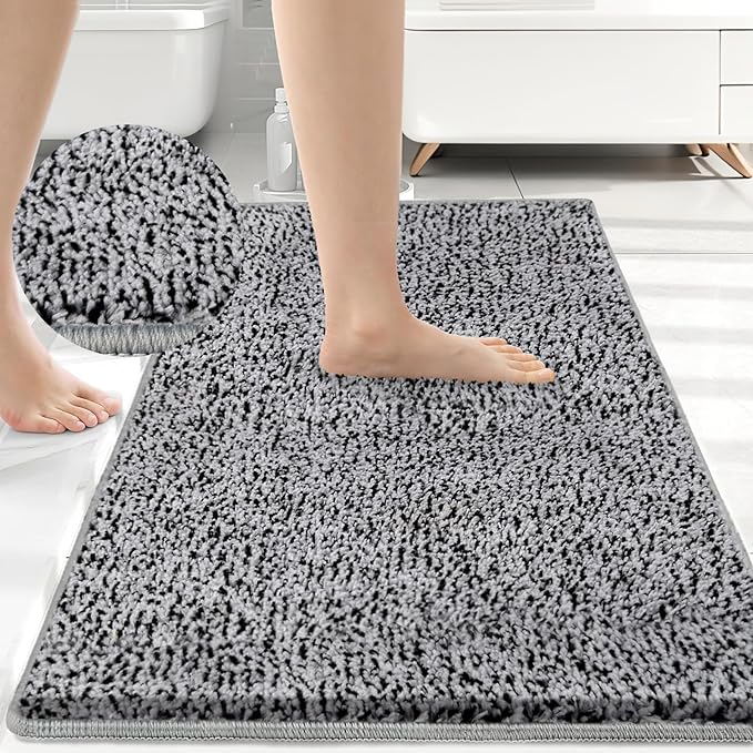 HDFK Bath Mat Non Slip 24x16 Inches Bathroom Rugs 2 Tone Soft Chenille Medium Pile TPR Backing | Absorbency Solid Black White | Shower Rug for Sink Area Wet Dry Transition Stain Resistant Decor