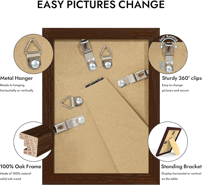 Hongkee 3.5x5 Oak Wood Picture Frame(1 Pack, Walnut) with Real Glass Cover | Solid Wood 3.5 x 5 Small Frame for Wall or Tabletop Display - Includes Easel Back, Vertical Hang - Ideal for Home, Office