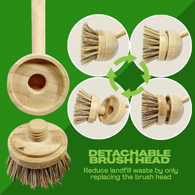 JuneLily Long Coconut Dish Brush Plant-Based Vegan for Kitchen Bathroom Cleaning Produce Washing Dishes (Long Dish Brush)