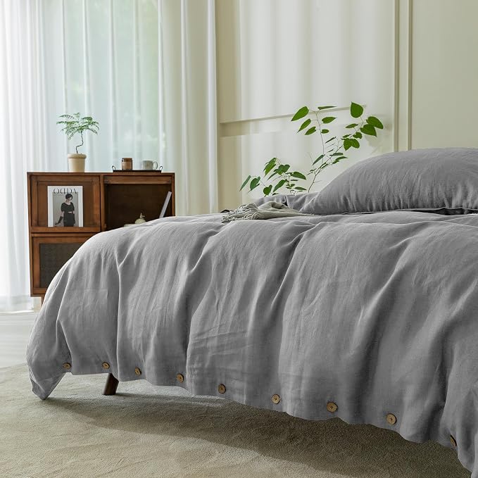 EVERLY 100% Pure Linen Duvet Cover Set Oversized King Size 120X98Inch 3pcs(1 Duvet Cover,2 Pillowcases) Soft and Breathable All Season with Coconut Button Closure Suitable for Hot Sleepers-Grey