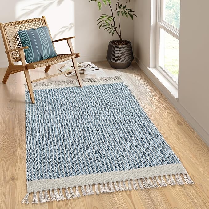 Lahome Belle Boho Bedroom Rug, 3x5 Blue Office Rug Lightweight Bath Door Mats Indoor Woven Entry Rugs with Tassels, Non Shedding Washable Throw Farmhouse Carpet for Living Room Camper RV
