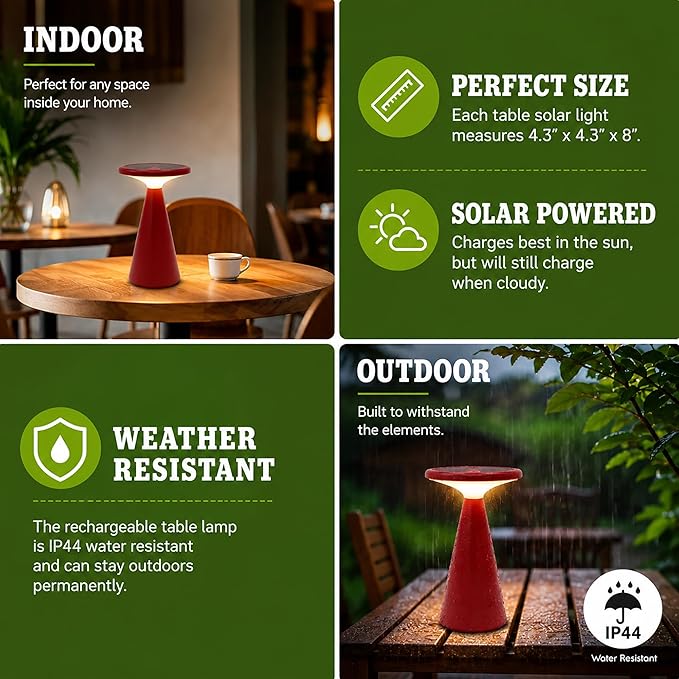 Portable Solar Powered Mushroom LED Table Lamp - Indoor/Outdoor Use - Stepless Dimming - Up to 45 Hour Rechargeable Battery - 1.6W, 160 lumens, 2700K - IP44 Weather Resistant - Red