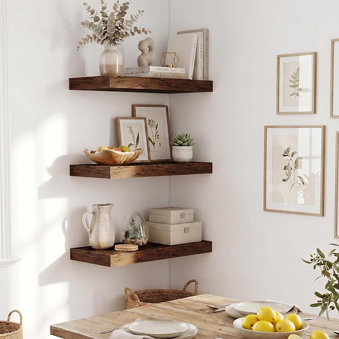 Fun Memories Wood Floating Shelves 20 Inch, 10 Inch Deep Shelves Wall Mount, Wall Shelves with Invisible Bracket, 20" Floating Shelves for Living Room Bathroom Bedroom, Rustic Brown, Set of 2