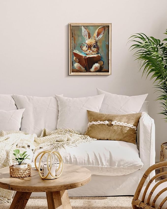 Vodefoad Cute Easter Bunny Reading Book Print Art Vintage Tiny Rabbit Big Glasses Wall Art Pring Nursery Painting Cute Animal Wall Decor Light Academia Decor Whimsical Rabbit Decor - 8x10Inch Unframe