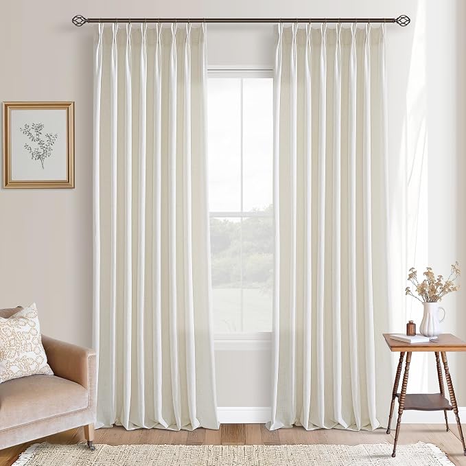 132 Inch Pinch Pleat Linen Curtains 2 Panels Set for High Ceiling Living Dining Room Semi Sheer Linen Boho Farmhouse Neutral Cream Ivory Natural Curtains 132 Inches Long for 2 Story Window 50x132