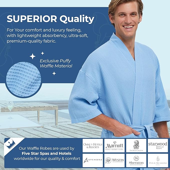 MONARCH Unisex Square Waffle Spa Kimono Robe – Soft Lightweight Fabric & Generously Sized Hotel & Spa Robe with Pockets