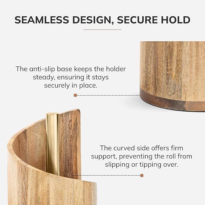 Anji Mountain Wooden Paper Towel Holder Countertop with Mango Wood Round Base and Iron Holder, Holder Stand for Kitchen Roll Organizer & Kitchen Dining Table Home Decor - Mango/Gold, Classic