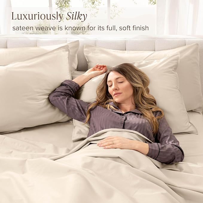 Bare Home 100% Organic Cotton Twin Sheet Set - 400 Thread Count - Smooth Sateen Weave - Breathable & Cooling - Hotel Luxury Set - Deep Pocket Bed Sheets (Twin XL, Sand)