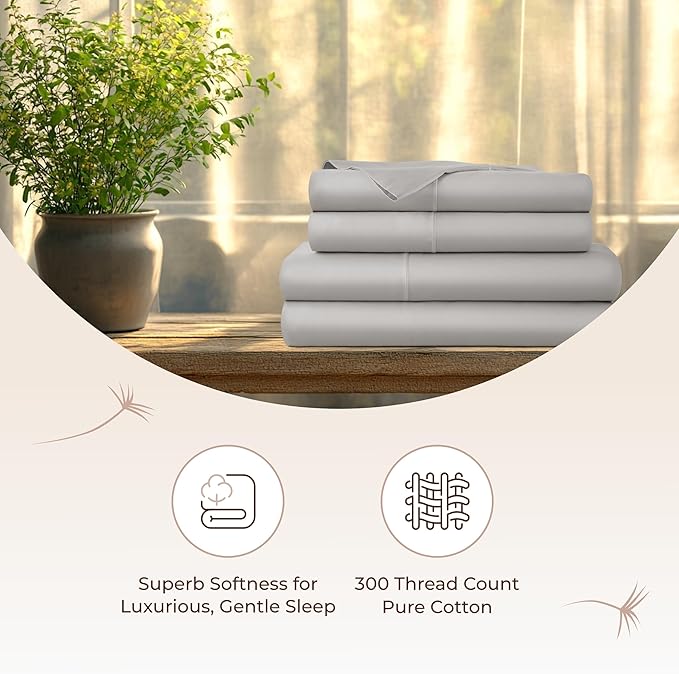 100% Organic Cotton Sheets Queen Size - GOTS Certified Organic Bed Sheets with Deep Pocket 300 Thread Count & Cozy Sateen Weave Softer with Each Wash - Luxury 4 Piece Set (Classic Grey, Queen)