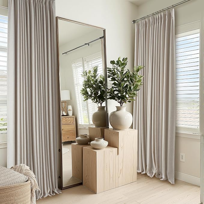 RYB HOME Natural Pinch Pleated Linen Curtains, 100% Blackout Thermal Insulated Double Layer Textured Curtains for Sliding Glass Door Picture Window, Taupe, 40" W x L90 L, 2 Panels Set