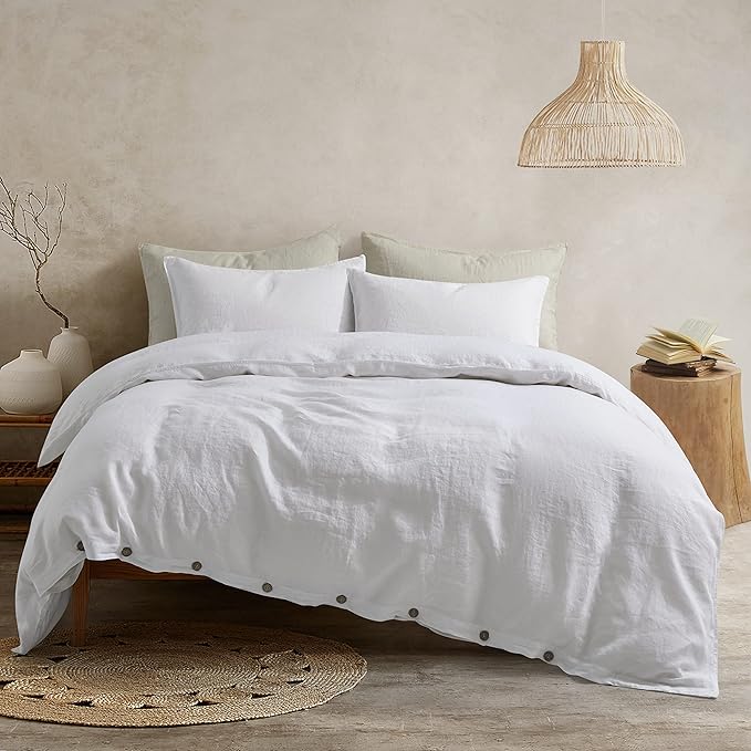 ATLINIA 100% Flax Linen Duvet Cover Set - Stone Washed Pure French Linen Organic Fabric for Farmhouse Comforter Boho Bedding Included 1 Duvet Cover 2 Pillow Shams(White, California King)