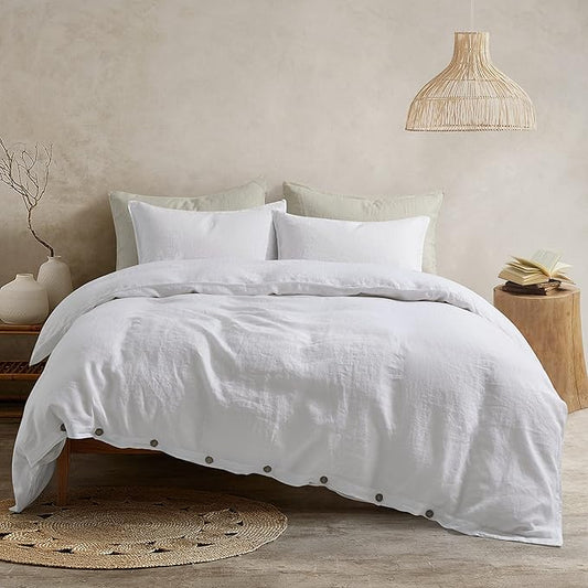 ATLINIA 100% Flax Linen Duvet Cover Set - Stone Washed Pure French Linen Organic Fabric for Farmhouse Comforter Boho Bedding Included 1 Duvet Cover 2 Pillow Shams(White, California King)