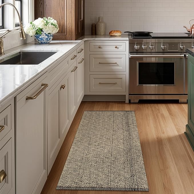 LEEVAN Washable Kitchen Rug 2' x 4.3', Natural Bathroom Runner Rug, Reversible Small Hallyway Rug, Farmhouse Low Profile Front Door Mat, Modern Bedroom Carpet for Foyer Laundry/Proch Decor