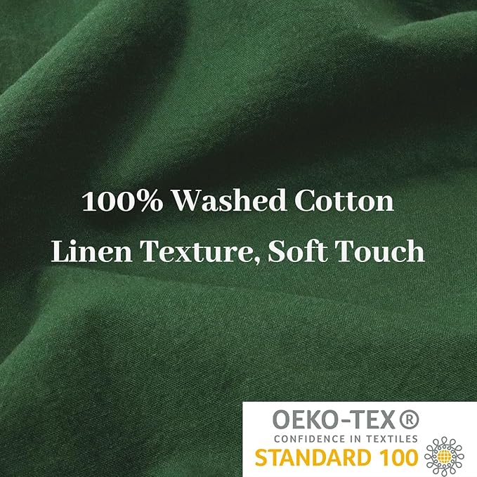 NEXHOME PRO Duvet Cover Set Queen Size Linen Feel Textured Organic Natural 100% Washed Cotton Duvet Cover 3 Pieces Bedding Set with Zipper Closure, Breathable, Soft, Forest Green (No Comforter)