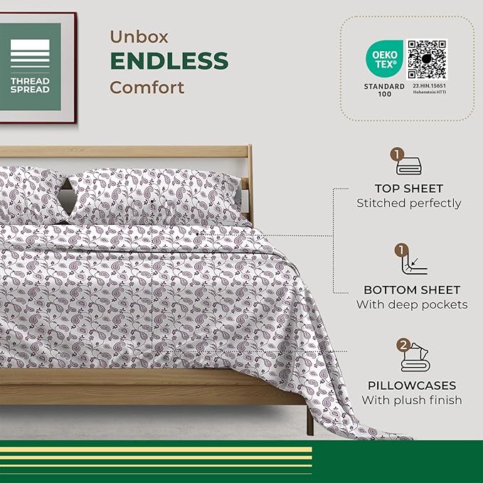 THREAD SPREAD 100% Organic Cotton Sheets California King Size - Organic Cotton Cal King Size Percale Sheet Set (4 PC, Paisley), Soft, Cooling & Crisp, 16" Deep Pocket Hotel Quality Bedding Set