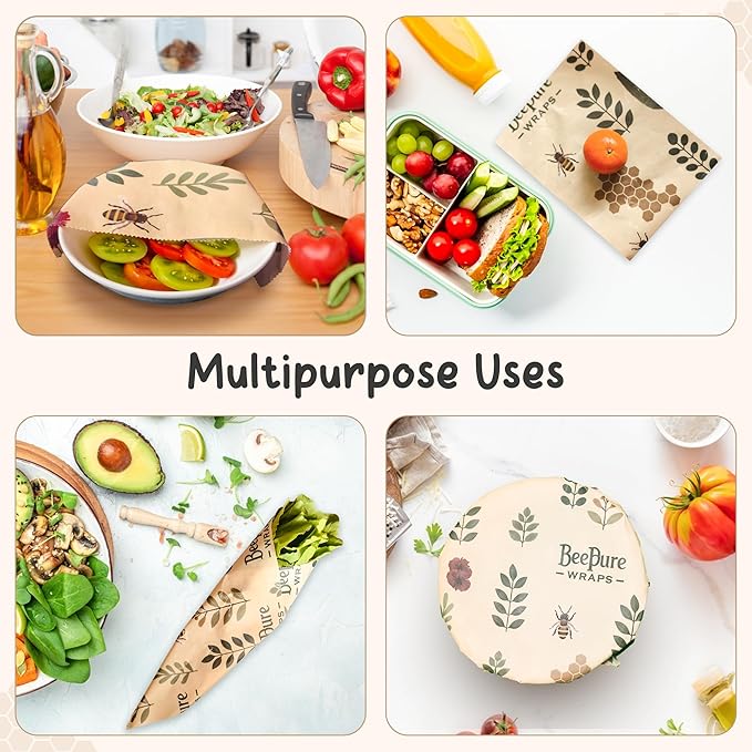 BeePure Reusable Beeswax Food Wrap - Eco-Friendly, Sustainable Wrap Roll (15"x80") - Plant & Bee Pattern for Food Storage