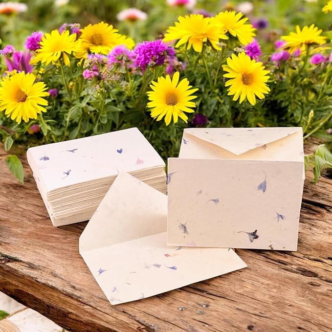 Kathmandu Valley Co. 50 Vintage 4x6 Handmade Lokta Paper Nepali Cherish Greeting Cards & Matching Decorative Flower Petal Envelopes. Folded blank cards. Handmade In Nepal. (Cornflower)