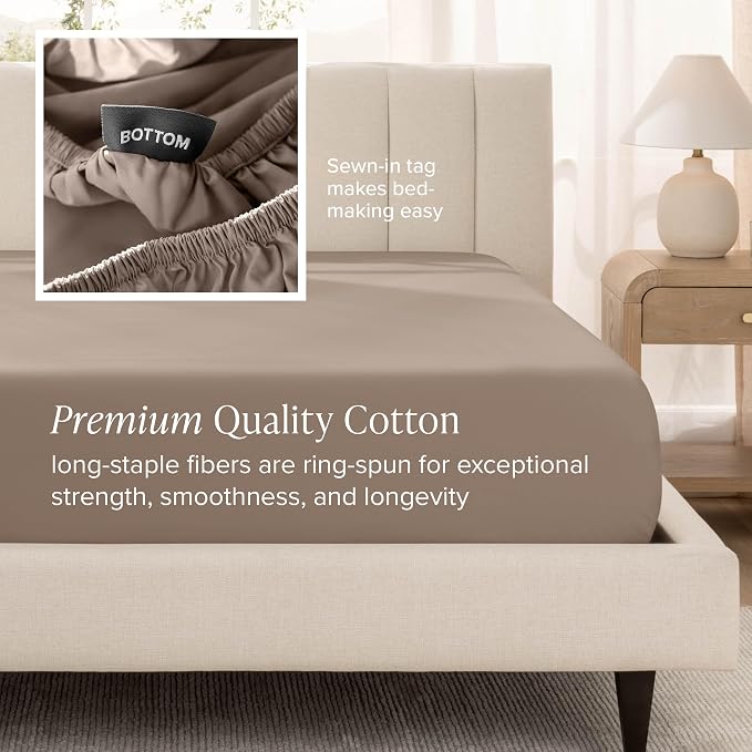 Bare Home 100% Organic Cotton Twin Sheet Set - 400 Thread Count - Smooth Sateen Weave - Breathable & Cooling - Hotel Luxury Set - Deep Pocket Bed Sheets (Twin XL, Taupe)