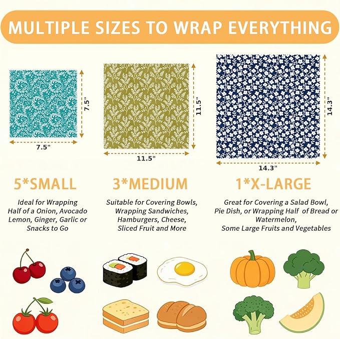 Reusable Beeswax Wraps, 9 Pack Sandwich, Snack, Bowl, Food Storage, Organic, Sustainable, Zero Waste, Plastic-Free, Eco-Friendly, 1XL, 3M, 5S, Blue Green Floral Botanical Prints