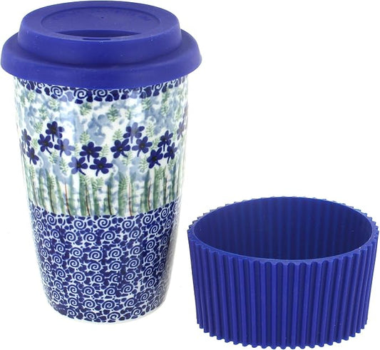 Blue Rose Polish Pottery - Blue Brienna Travel Coffee Mug - 12 oz - Mug for On-The-Go, Fits Most Car Cup Holders