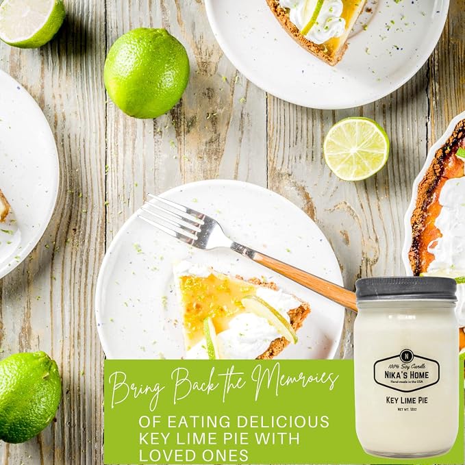 Nika's Home Key Lime Pie Soy Candle - 12oz Mason Jar - Non-Toxic - Hand Poured in The USA, Long Burning 50-60 Hours Highly Scented All Natural, Clean Burning