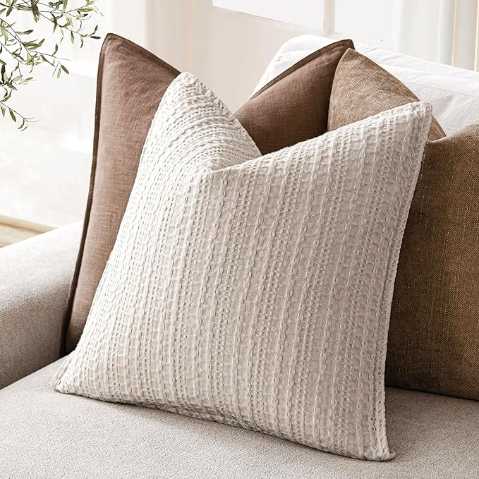 Foindtower Set of 2 Decorative Cotton Waffle Weave Throw Pillow Covers Euro Shams Cushion Covers Accent European Pillowcase for Bed Couch Sofa Bedroom Living Room Home Decor 24×24 Inch Oatmeal