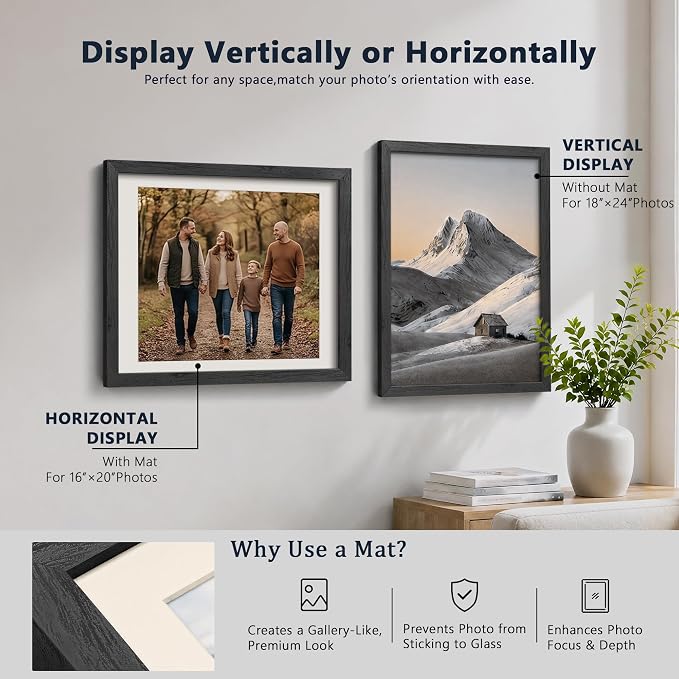 VCK 18x24 Poster Frames Black - 6 Pack, Wide Border Solid Wood, Display 16x20 Picture Photo with Mat or 18 x 24 without, for Home, Office, Gallery, Woodgrain Series, Wall Hanging