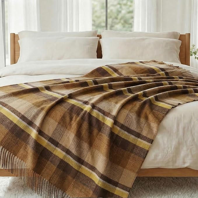 Soft Pure Wool Throw Blanket, Lightweight Warmth, 55"x83", Plaid, Fringe, Compact with Bag, Useful Gift for Women Men, All Season Decorative Cozy Travel Blanket for Couch Bed, Outdoors
