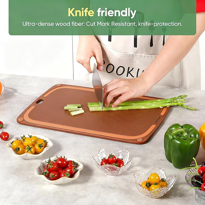 Wood Fiber Cutting Board for Kitchen - Premium Wood Fiber Cutting Board with Juice Groove and Non-slip Feet, Dishwasher Safe, Knife-Friendly Chopping Board for Meat, Bread, Fruit, 17.3”x12.8”, Brown