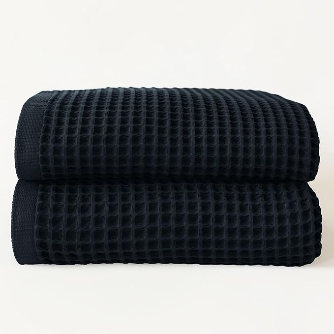 Premium Black Waffle Bath Towels Pack of 2 Extra Large 35x71 inch - 100% Turkish Cotton, Waffle Weave, Quick Dry, Lint Free, Oversized, Thin Bath Sheet Towel (Black, Set of 2 Bath Towels)